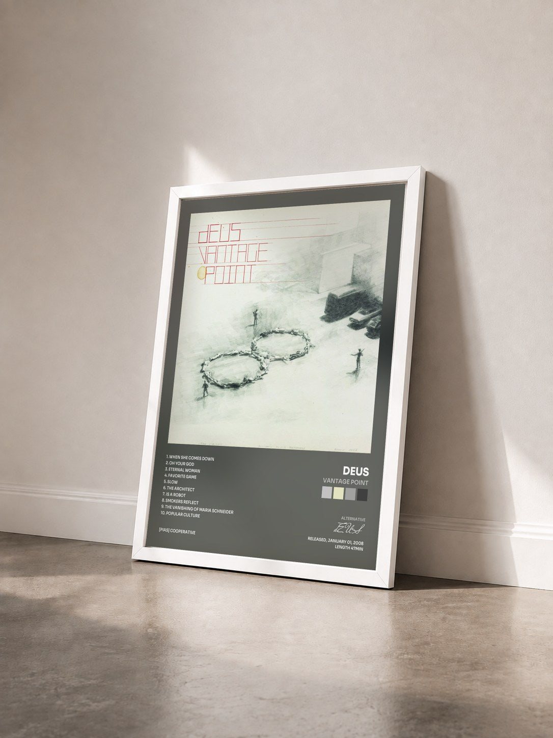 #blanc Tableau de l'album Vantage Point de dEUS vu de trois quarts, cadre blanc