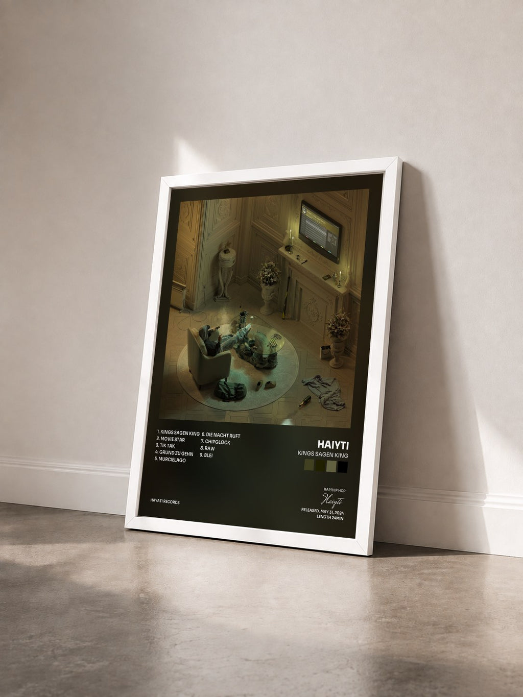 #blanc kings sagen king by Haiyti as a framed art print seen at an angle, white frame