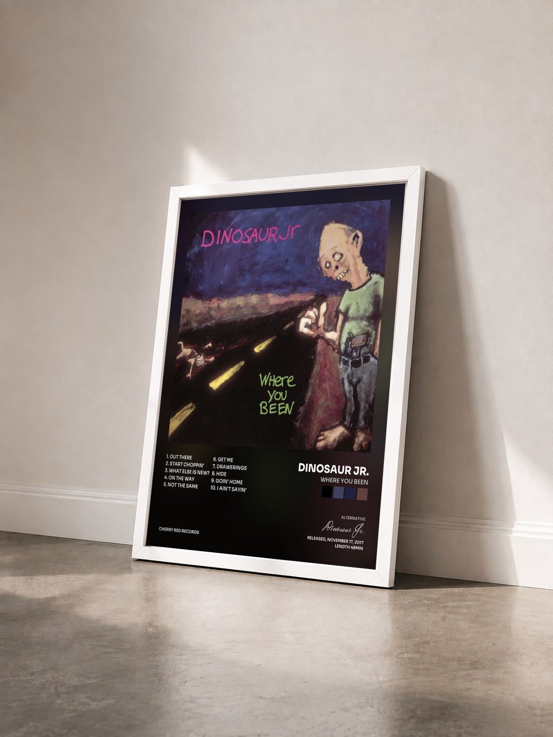 #blanc Tableau de l'album Where You Been de Dinosaur Jr. vu de trois quarts, cadre blanc