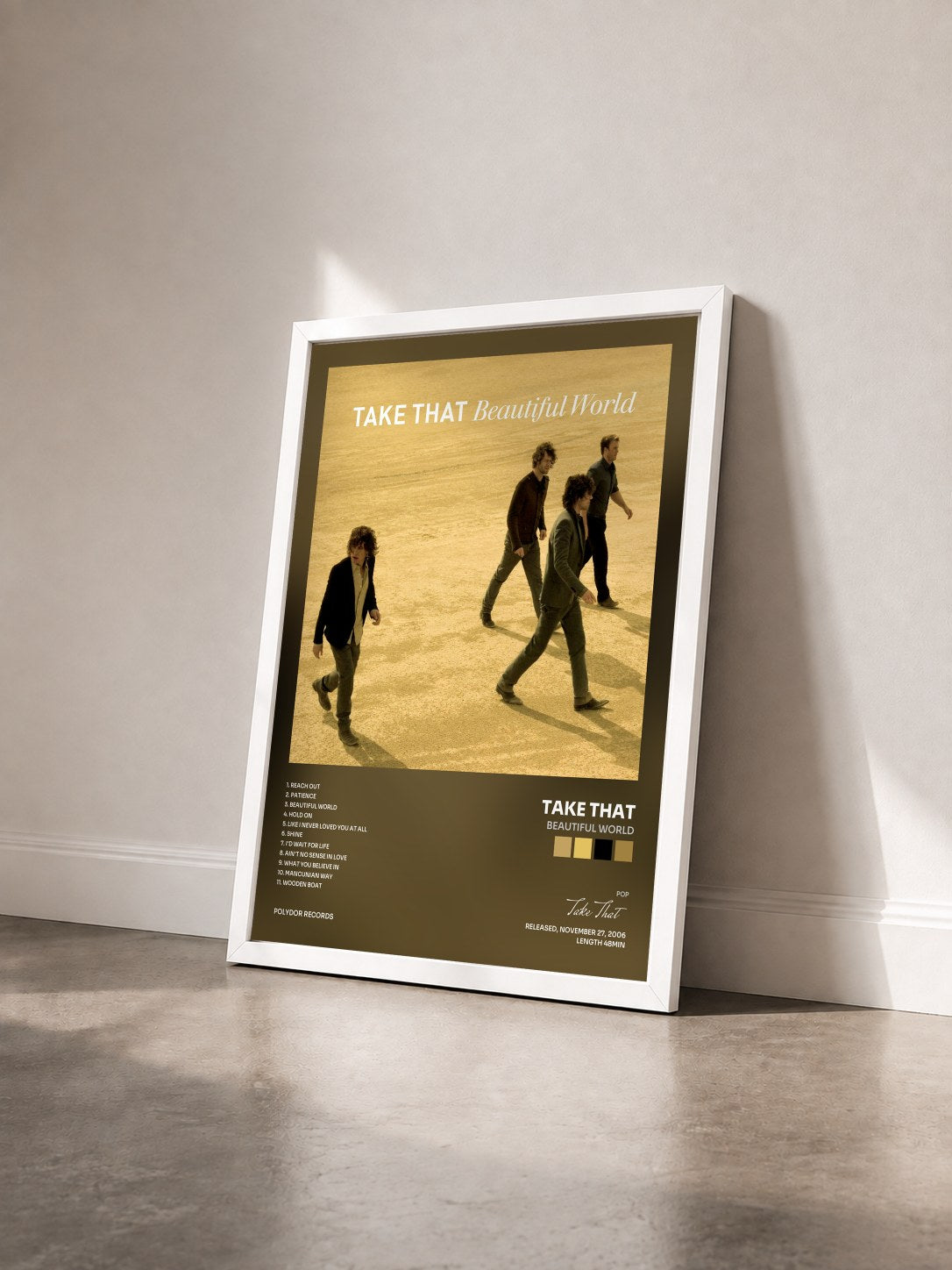 #blanc Tableau de l'album Beautiful World de Take That vu de trois quarts, cadre blanc