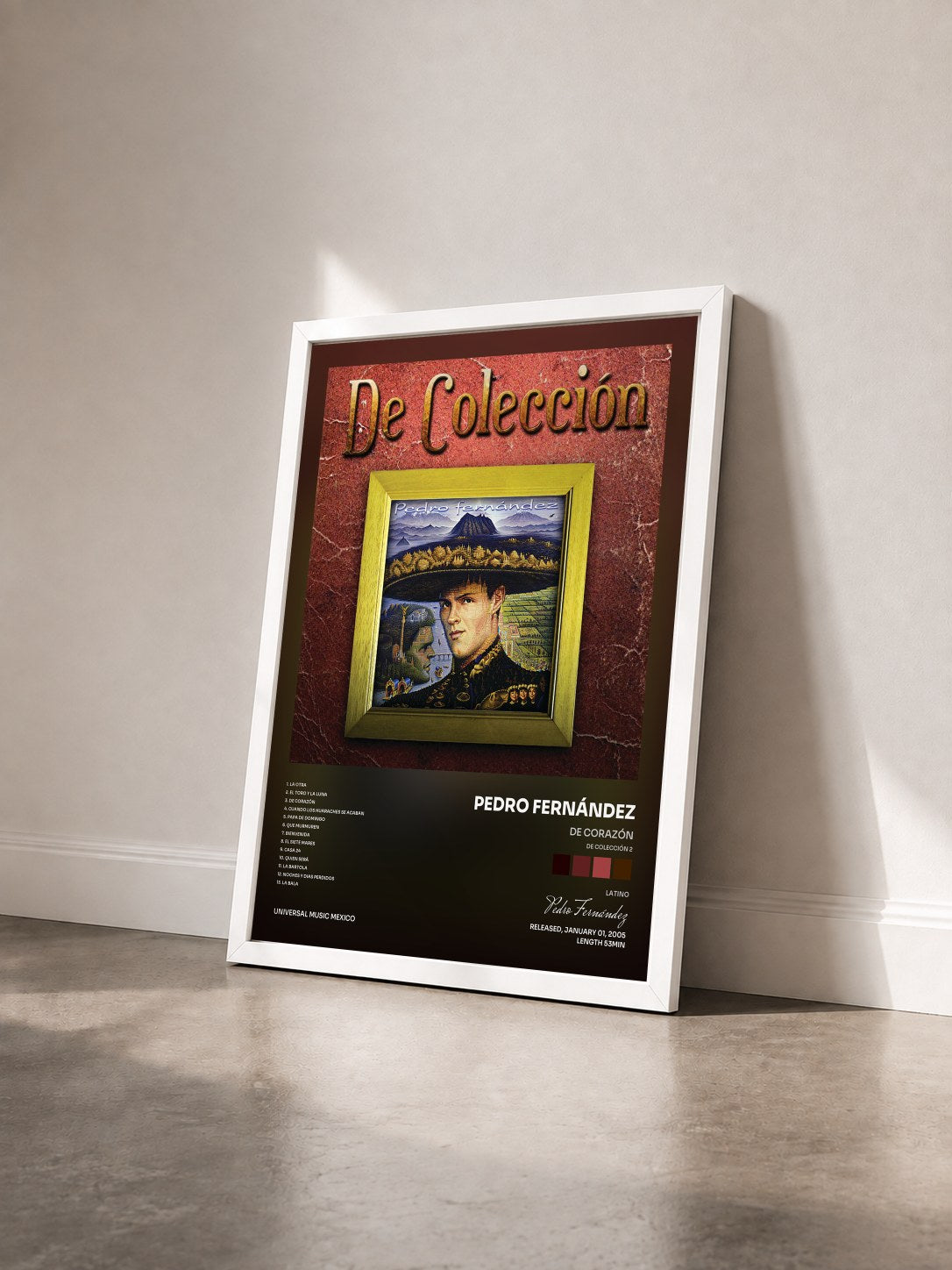 #blanc Tableau de l'album De Corazón (De Colección 2) de Pedro Fernández vu de trois quarts, cadre blanc