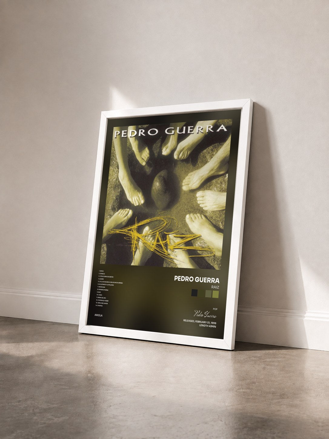 #blanc Tableau de l'album Raiz de Pedro Guerra vu de trois quarts, cadre blanc