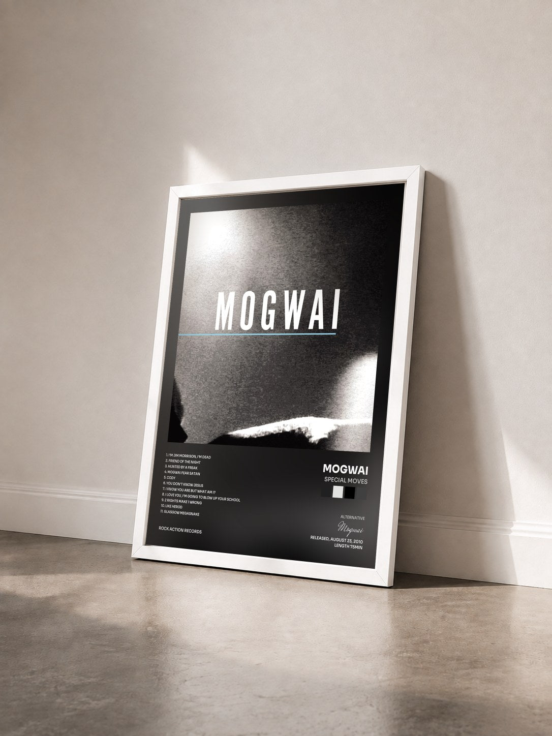 #blanc Tableau de l'album Special Moves de Mogwai vu de trois quarts, cadre blanc
