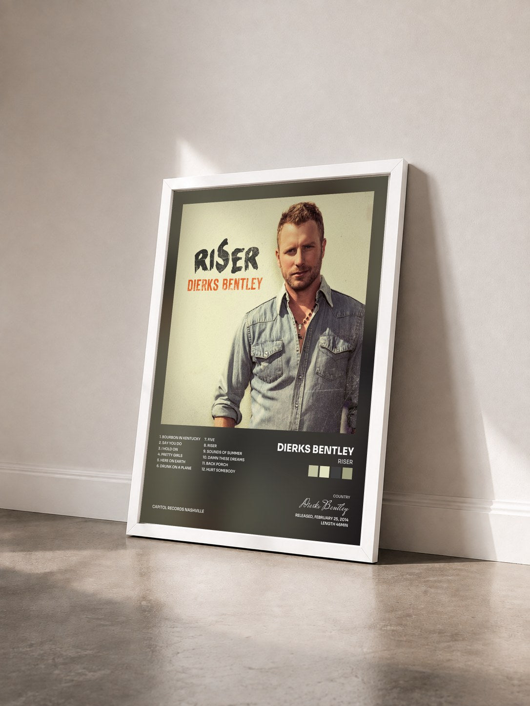 #blanc Tableau de l'album RISER de Dierks Bentley vu de trois quarts, cadre blanc