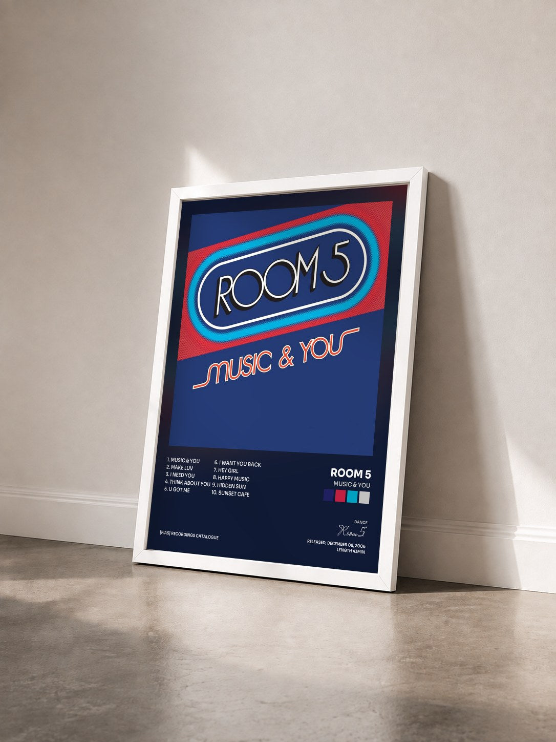 #blanc Tableau de l'album Music & You de Room 5 vu de trois quarts, cadre blanc