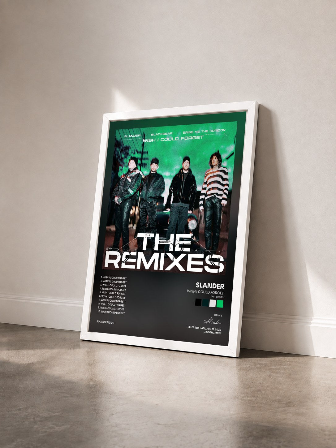 #blanc Tableau de l'album Wish I Could Forget (The Remixes) de Slander vu de trois quarts, cadre blanc