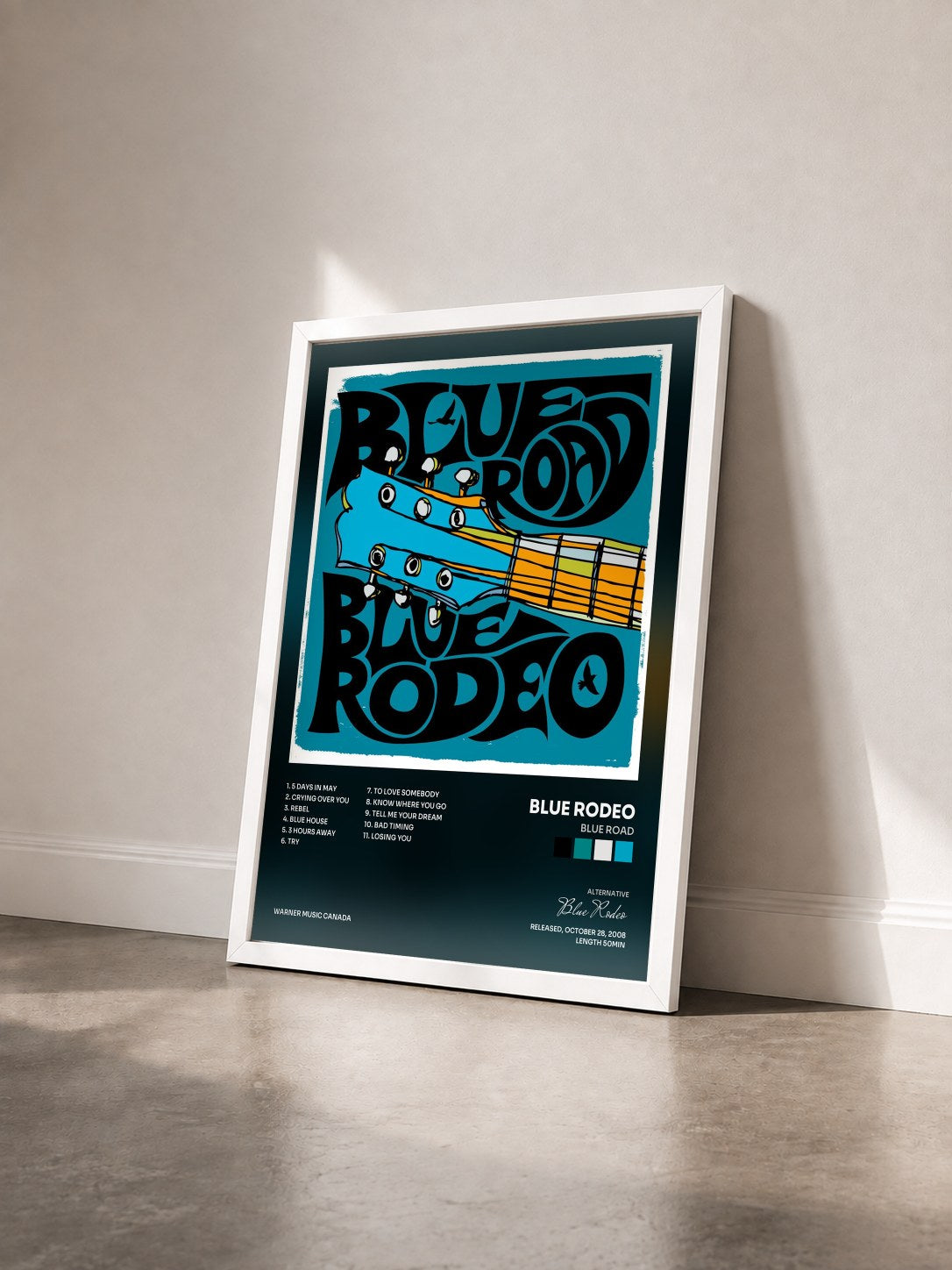 #blanc Tableau de l'album Blue Road de Blue Rodeo vu de trois quarts, cadre blanc