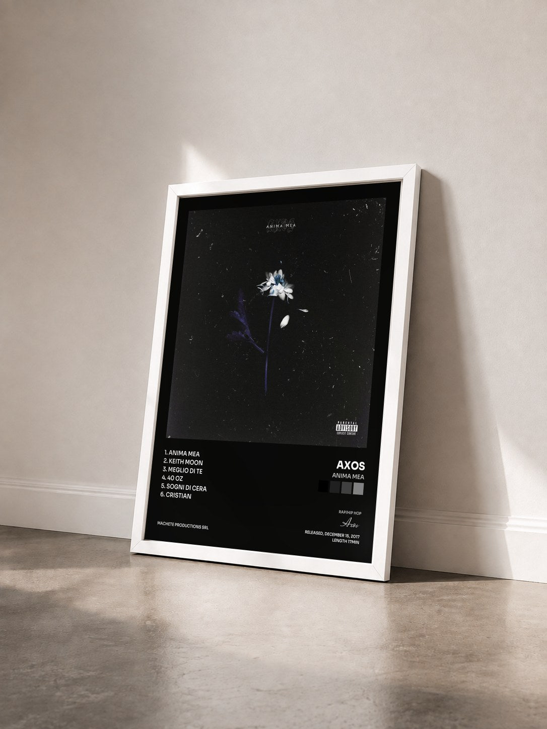 #blanc Tableau de l'album Anima Mea de Axos vu de trois quarts, cadre blanc