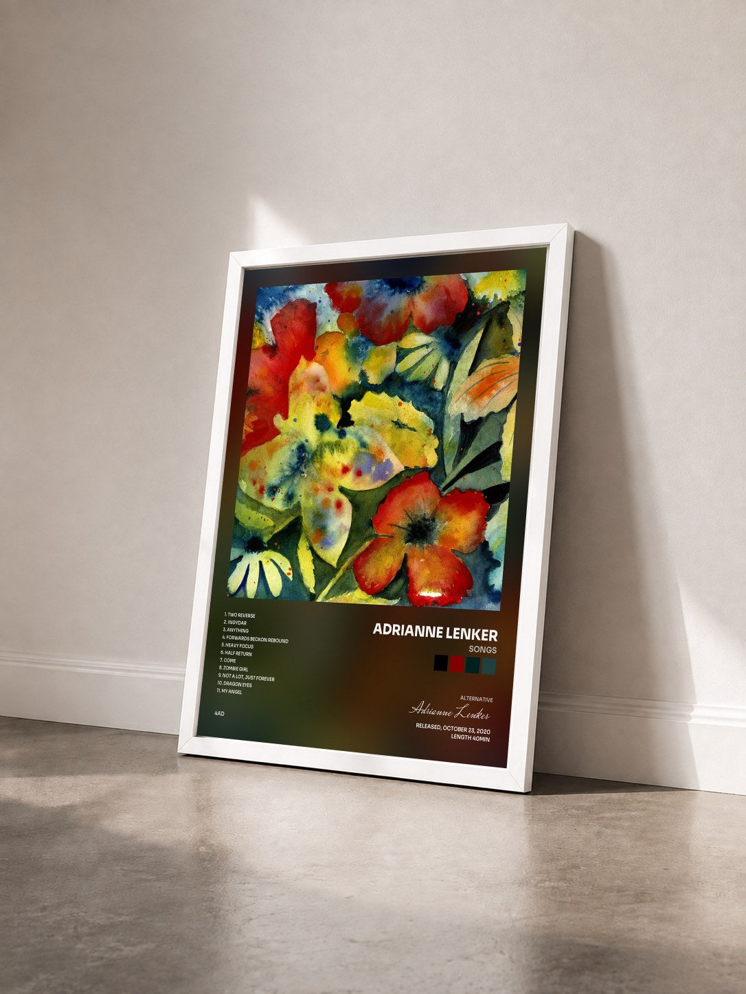 #blanc Tableau de l'album songs de Adrianne Lenker vu de trois quarts, cadre blanc