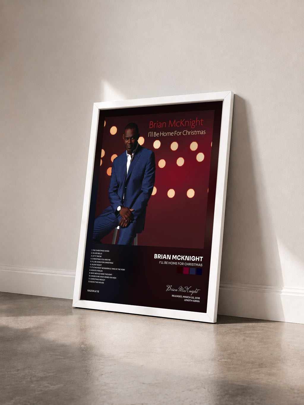 #blanc I'll Be Home For Christmas by Brian McKnight as a framed art print seen at an angle, white frame
