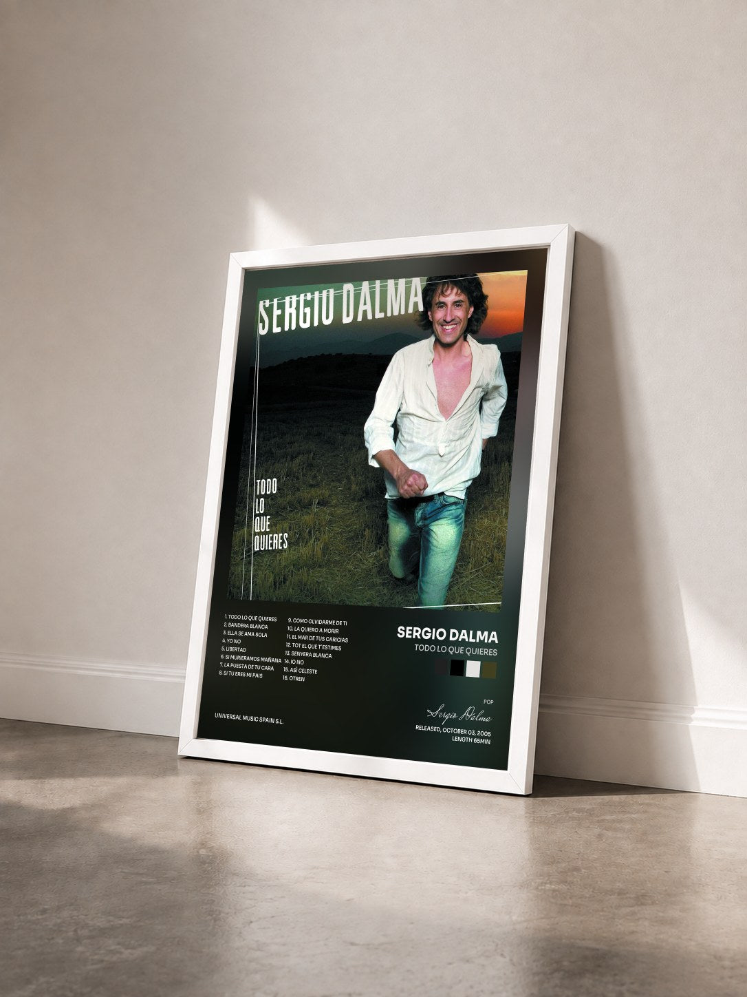 #blanc Tableau de l'album Todo Lo Que Quieres de Sergio Dalma vu de trois quarts, cadre blanc