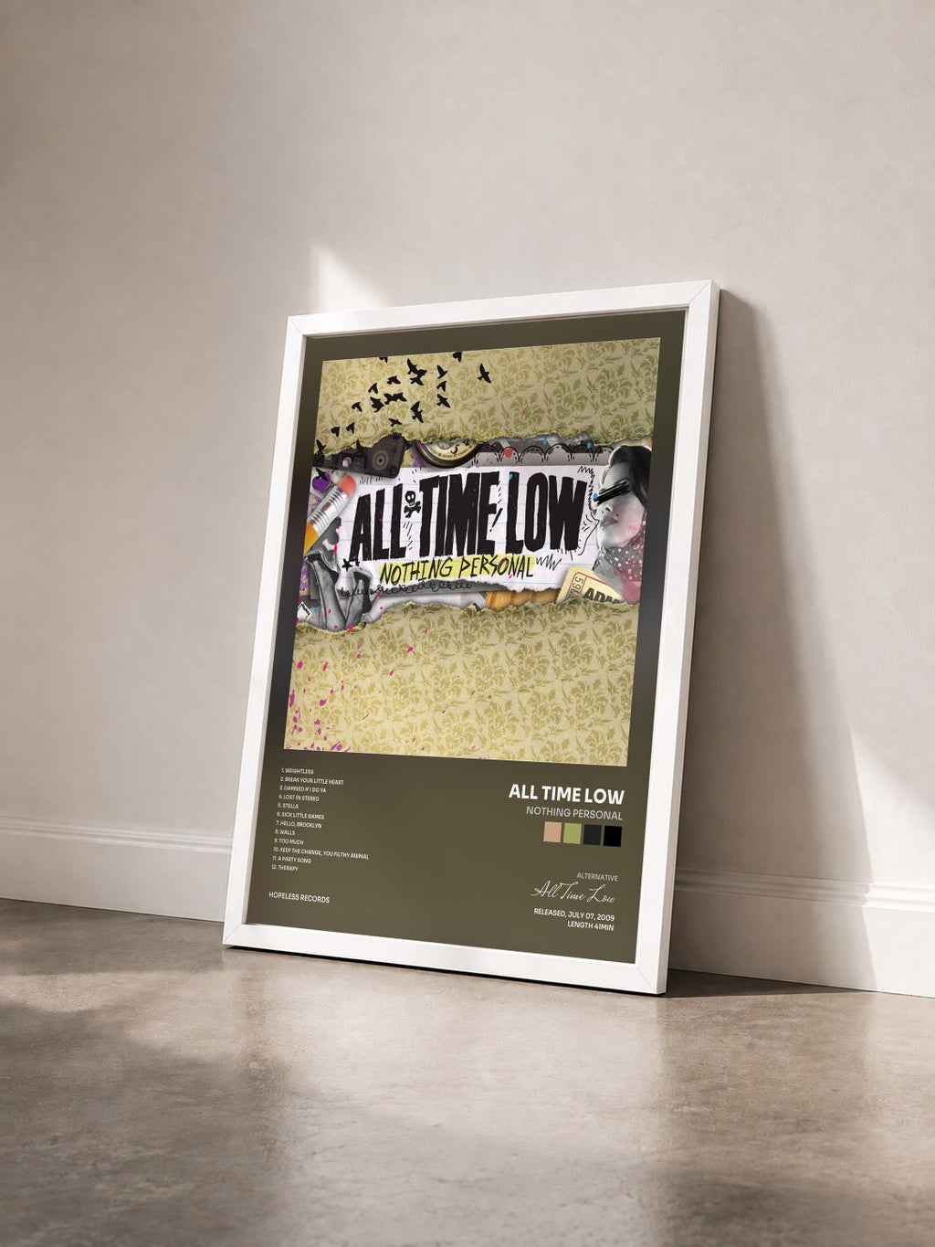 #blanc Nothing Personal by All Time Low as a framed art print seen at an angle, white frame