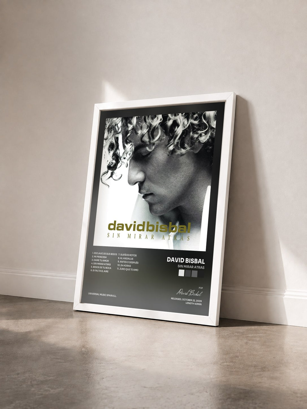 #blanc Tableau de l'album Sin Mirar Atras de David Bisbal vu de trois quarts, cadre blanc