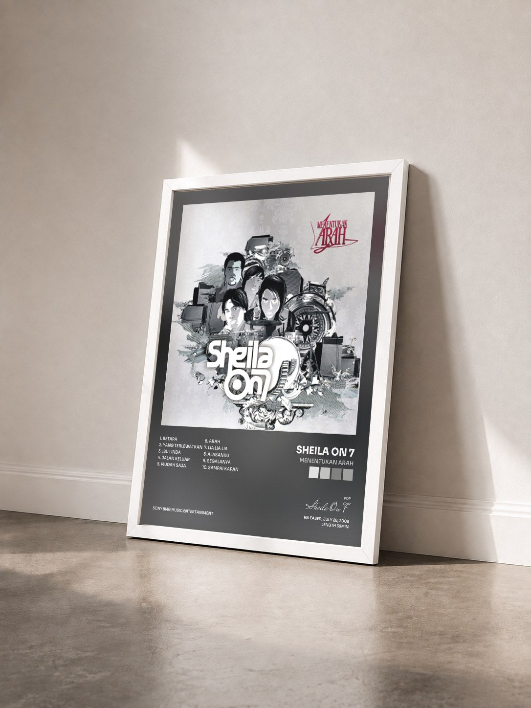 #blanc Tableau de l'album Menentukan Arah de Sheila On 7 vu de trois quarts, cadre blanc