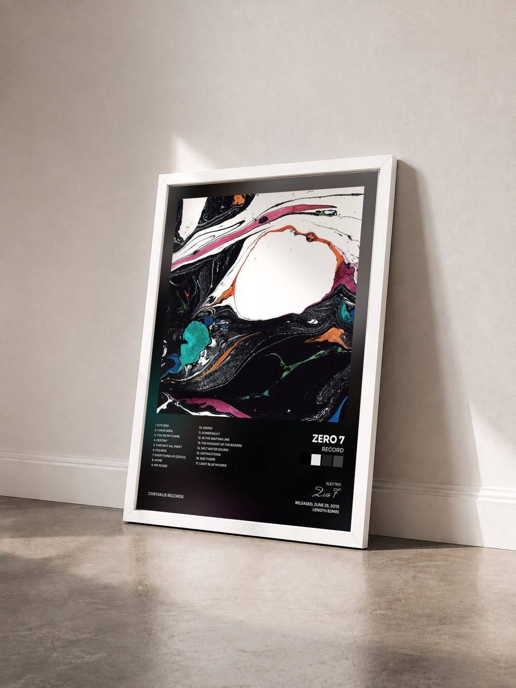 #blanc Tableau de l'album RECORD de Zero 7 vu de trois quarts, cadre blanc