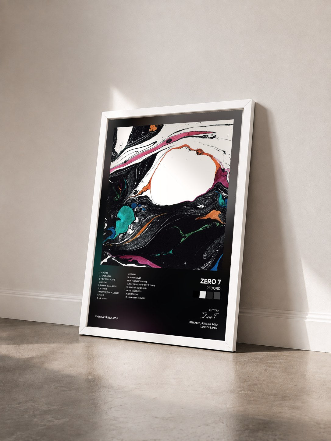 #blanc Tableau de l'album RECORD de Zero 7 vu de trois quarts, cadre blanc
