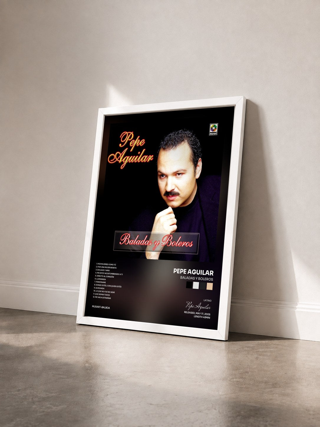 #blanc Tableau de l'album Baladas Y Boleros de Pepe Aguilar vu de trois quarts, cadre blanc