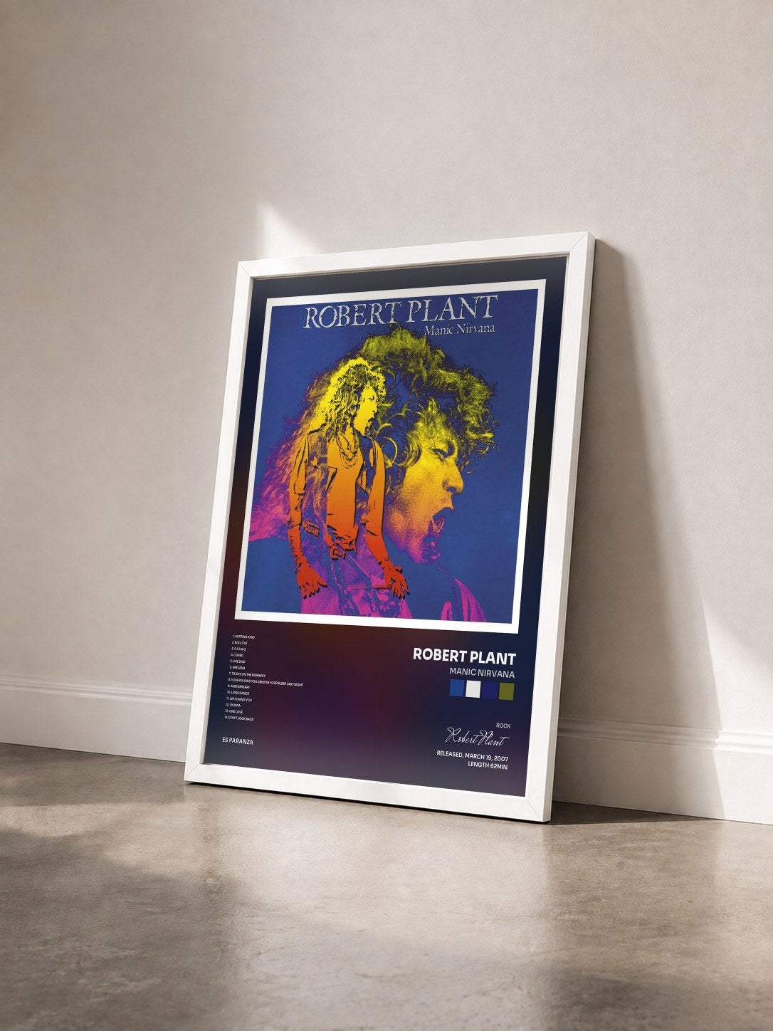 #blanc Tableau de l'album Manic Nirvana de Robert Plant vu de trois quarts, cadre blanc