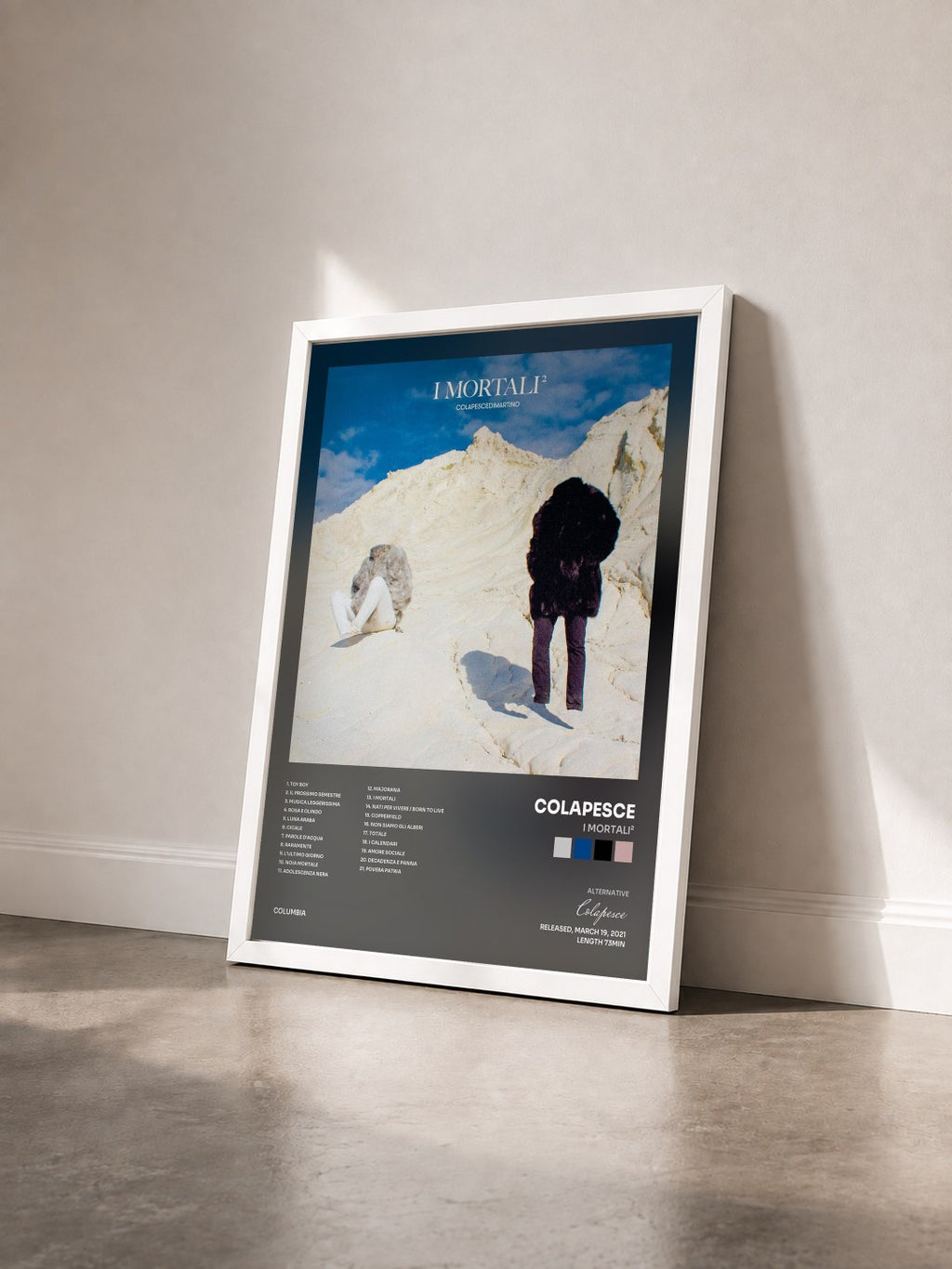 #blanc I Mortali² by Colapesce as a framed art print seen at an angle, white frame