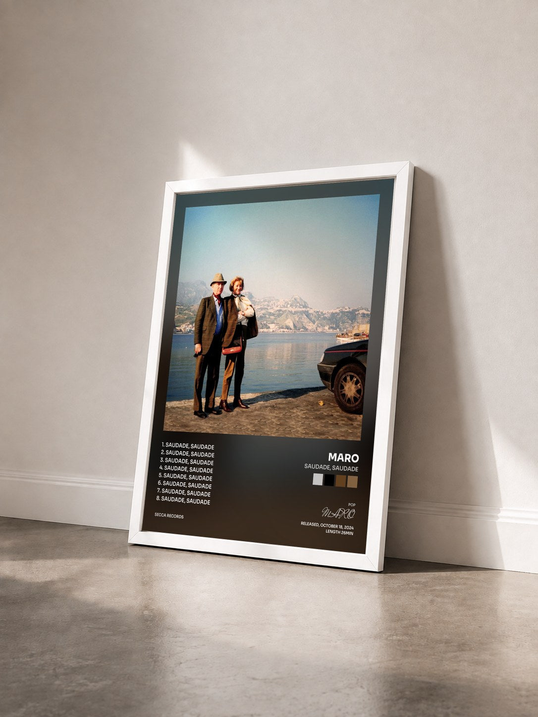 #blanc Tableau de l'album saudade, saudade de MARO vu de trois quarts, cadre blanc