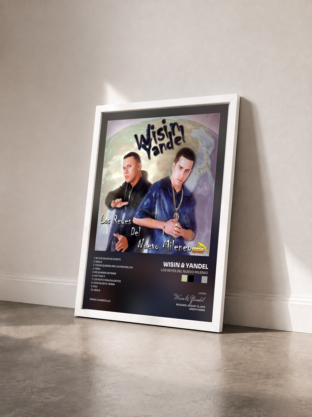 #blanc Tableau de l'album Los Reyes del Nuevo Milenio de Wisin & Yandel vu de trois quarts, cadre blanc