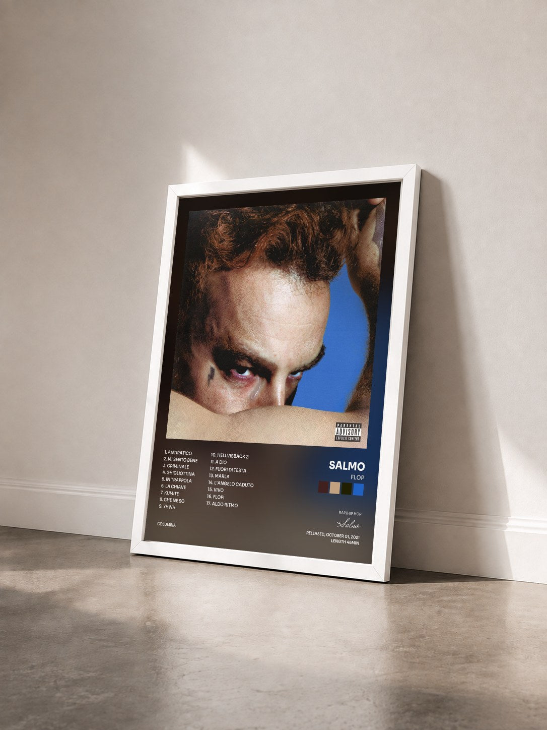 #blanc Tableau de l'album FLOP de Salmo vu de trois quarts, cadre blanc