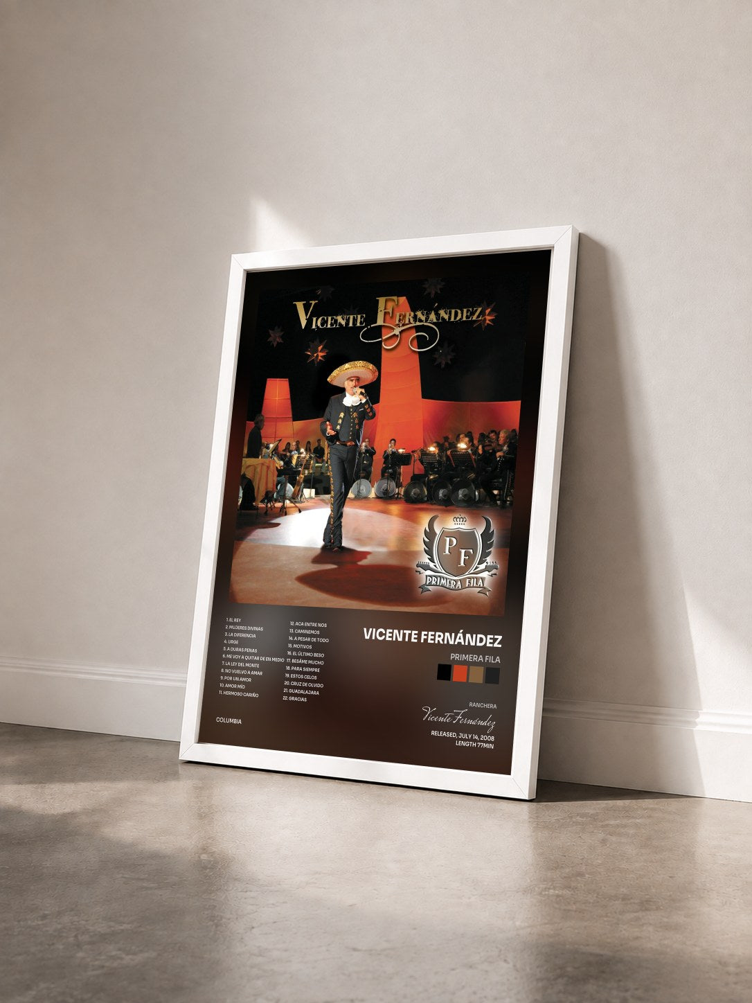 #blanc Tableau de l'album Primera Fila de Vicente Fernández vu de trois quarts, cadre blanc