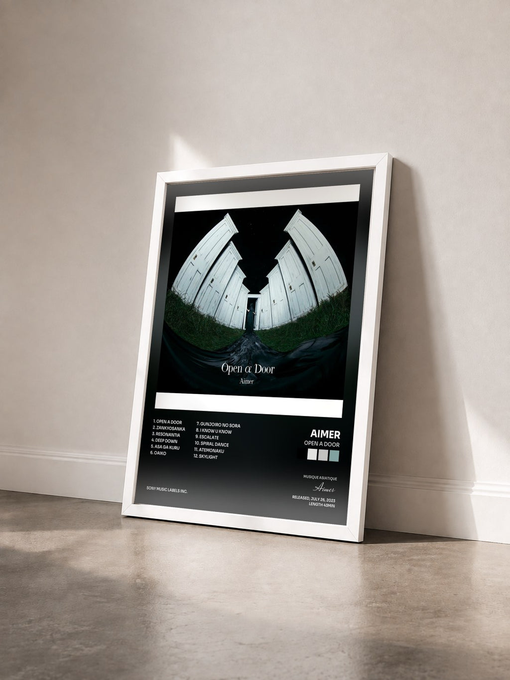 #blanc Open a Door by Aimer as a framed art print seen at an angle, white frame