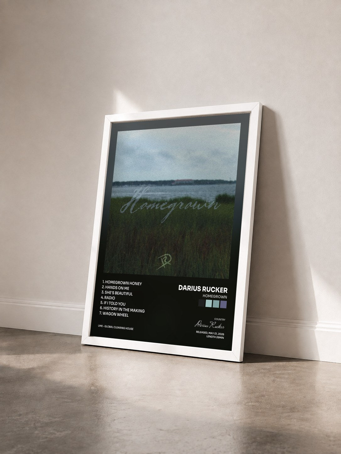 #blanc Tableau de l'album Homegrown de Darius Rucker vu de trois quarts, cadre blanc