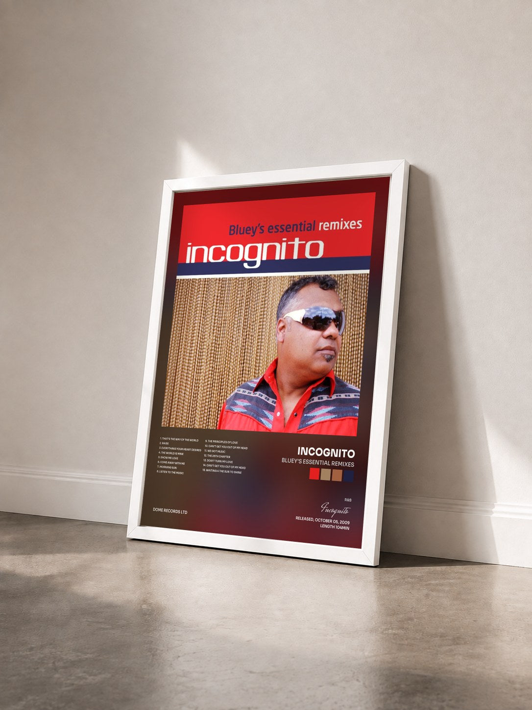 #blanc Tableau de l'album Bluey's Essential Remixes de Incognito vu de trois quarts, cadre blanc