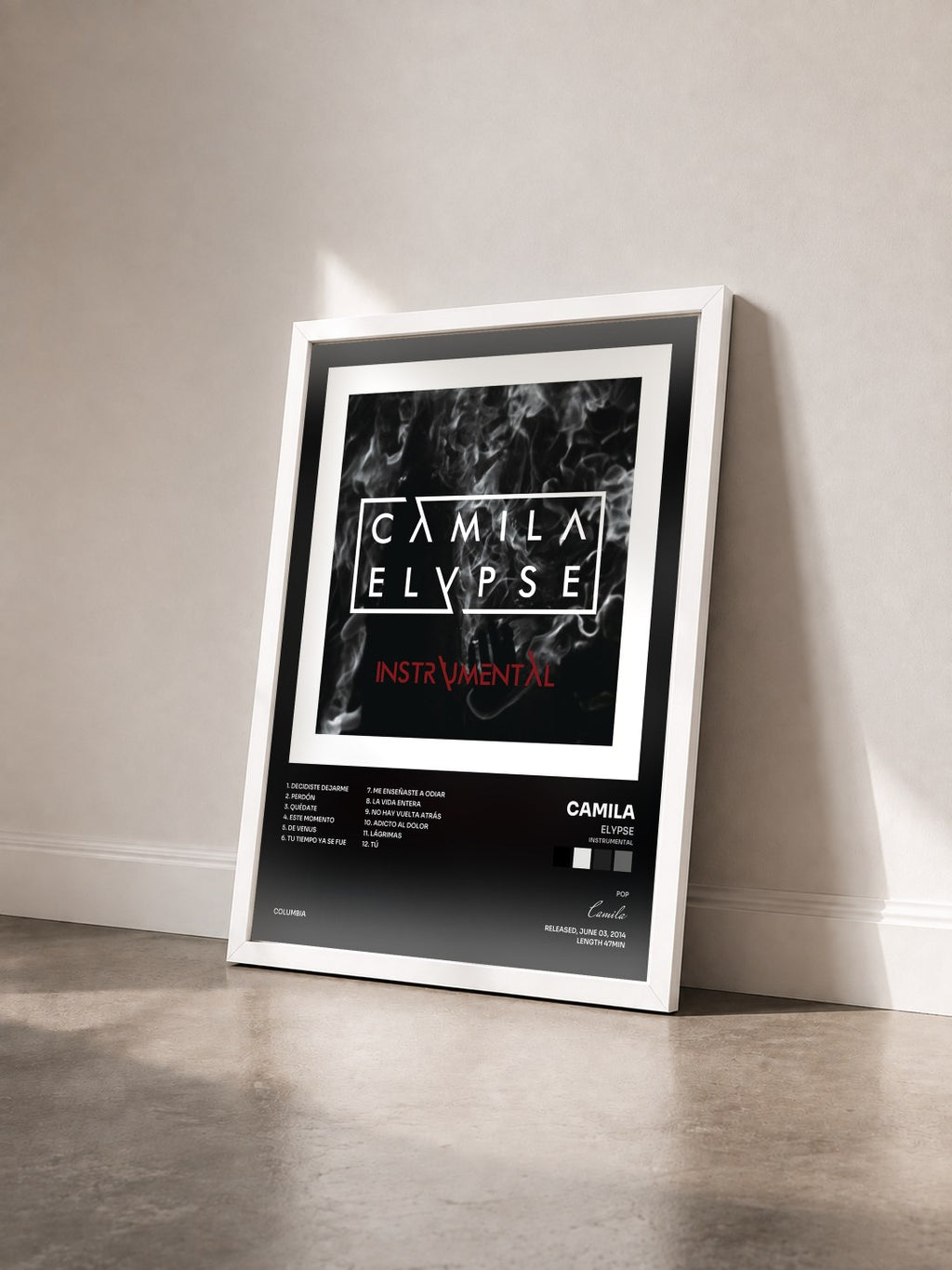 #blanc Tableau de l'album Elypse (Instrumental) de Camila vu de trois quarts, cadre blanc