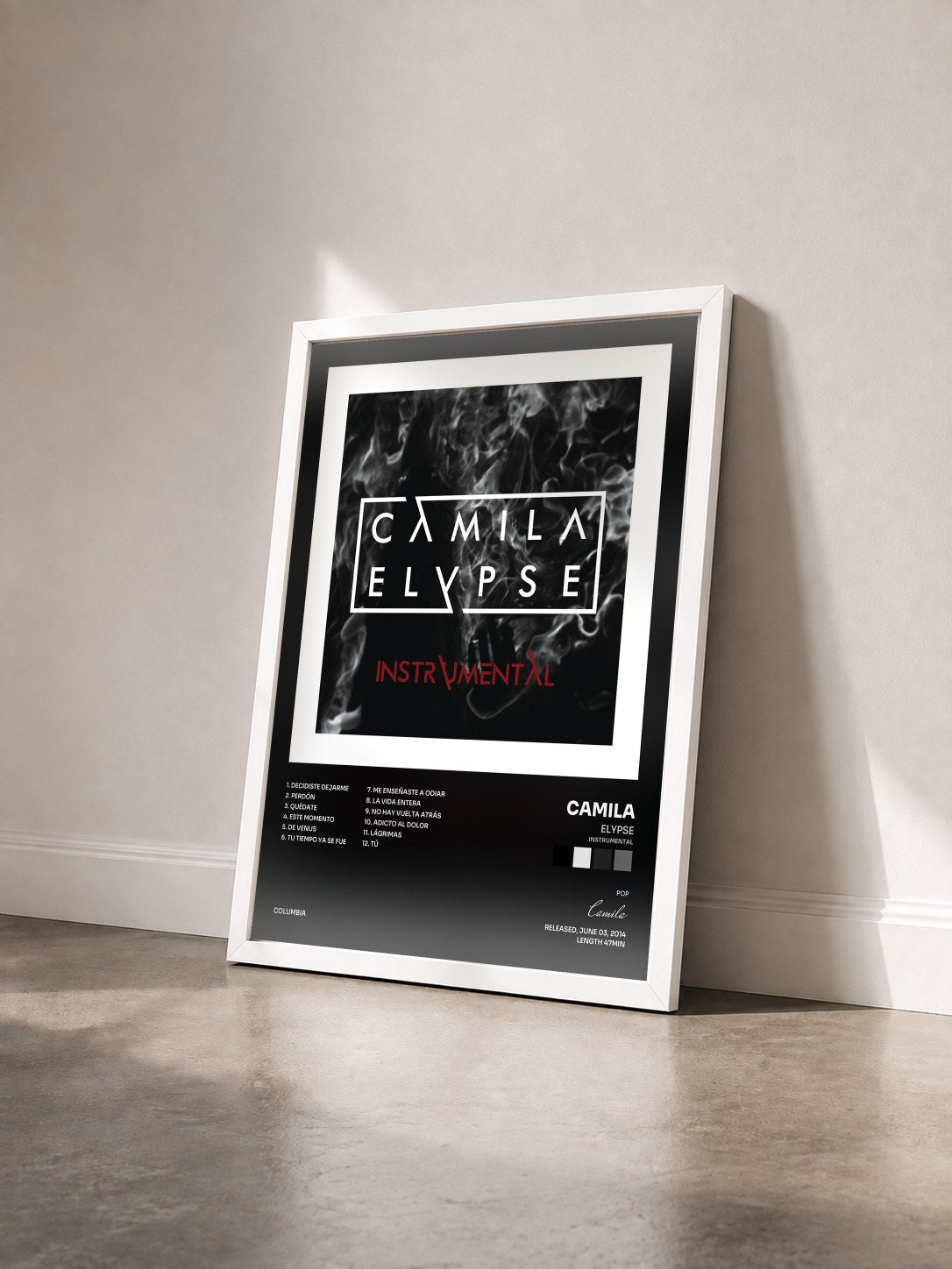 #blanc Tableau de l'album Elypse (Instrumental) de Camila vu de trois quarts, cadre blanc