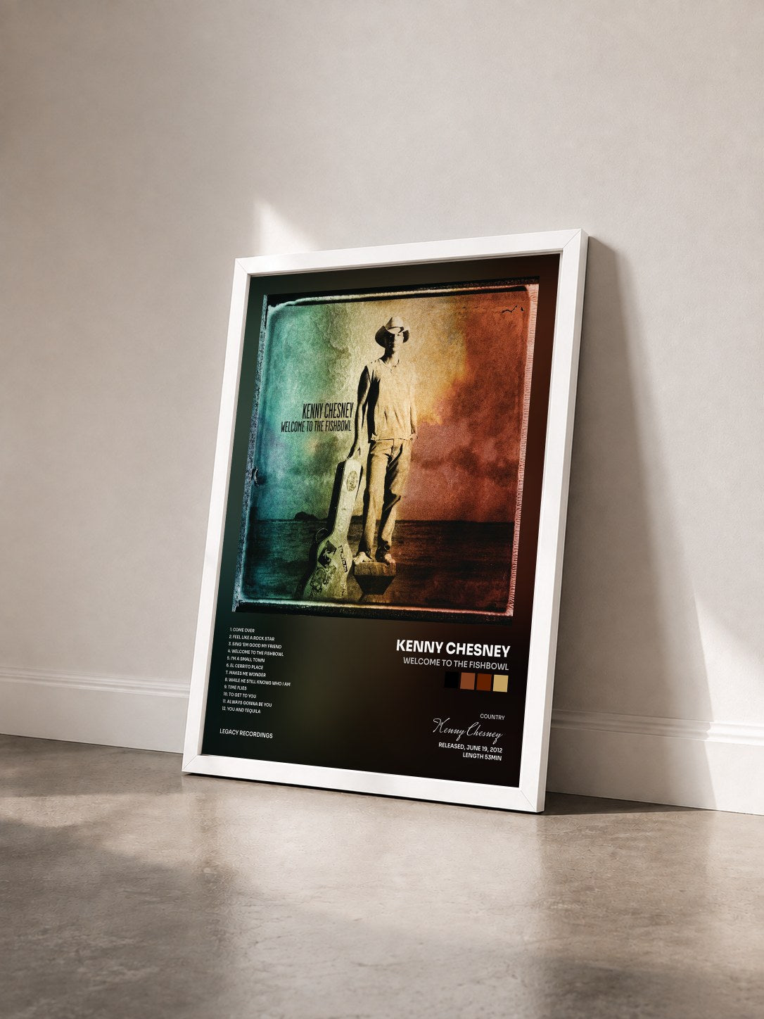 #blanc Tableau de l'album Welcome To The Fishbowl de Kenny Chesney vu de trois quarts, cadre blanc