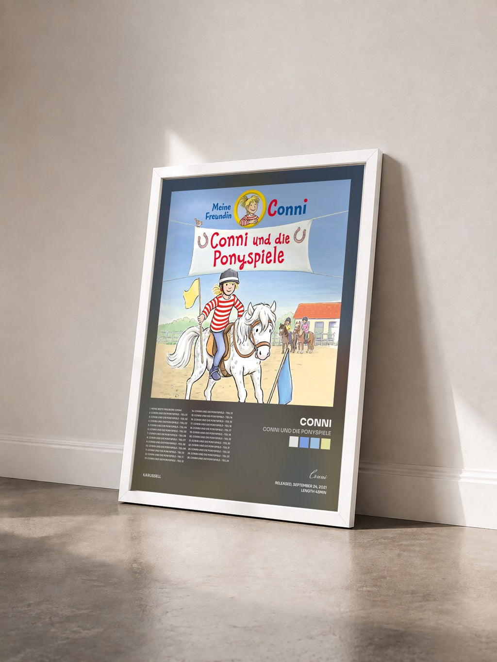 #blanc Conni und die Ponyspiele by Conni as a framed art print seen at an angle, white frame