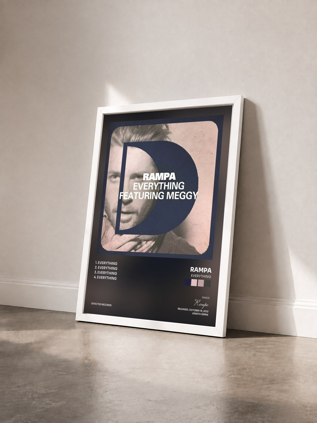 #blanc Tableau de l'album Everything de Rampa vu de trois quarts, cadre blanc