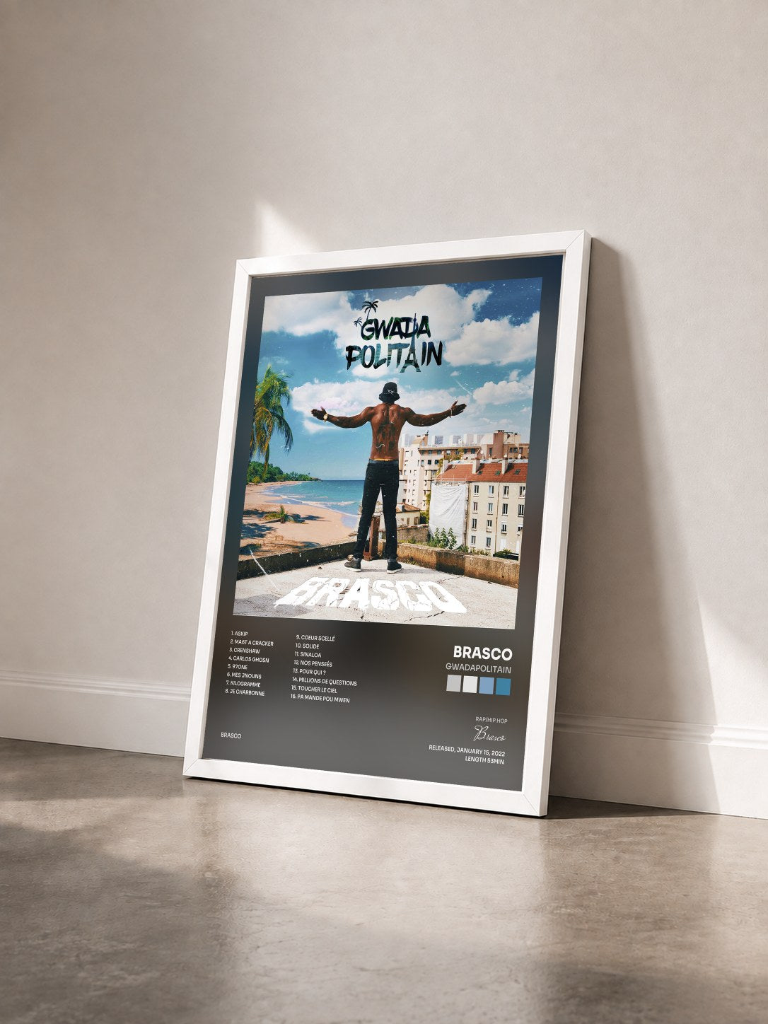 #blanc Tableau de l'album Gwadapolitain de Brasco vu de trois quarts, cadre blanc