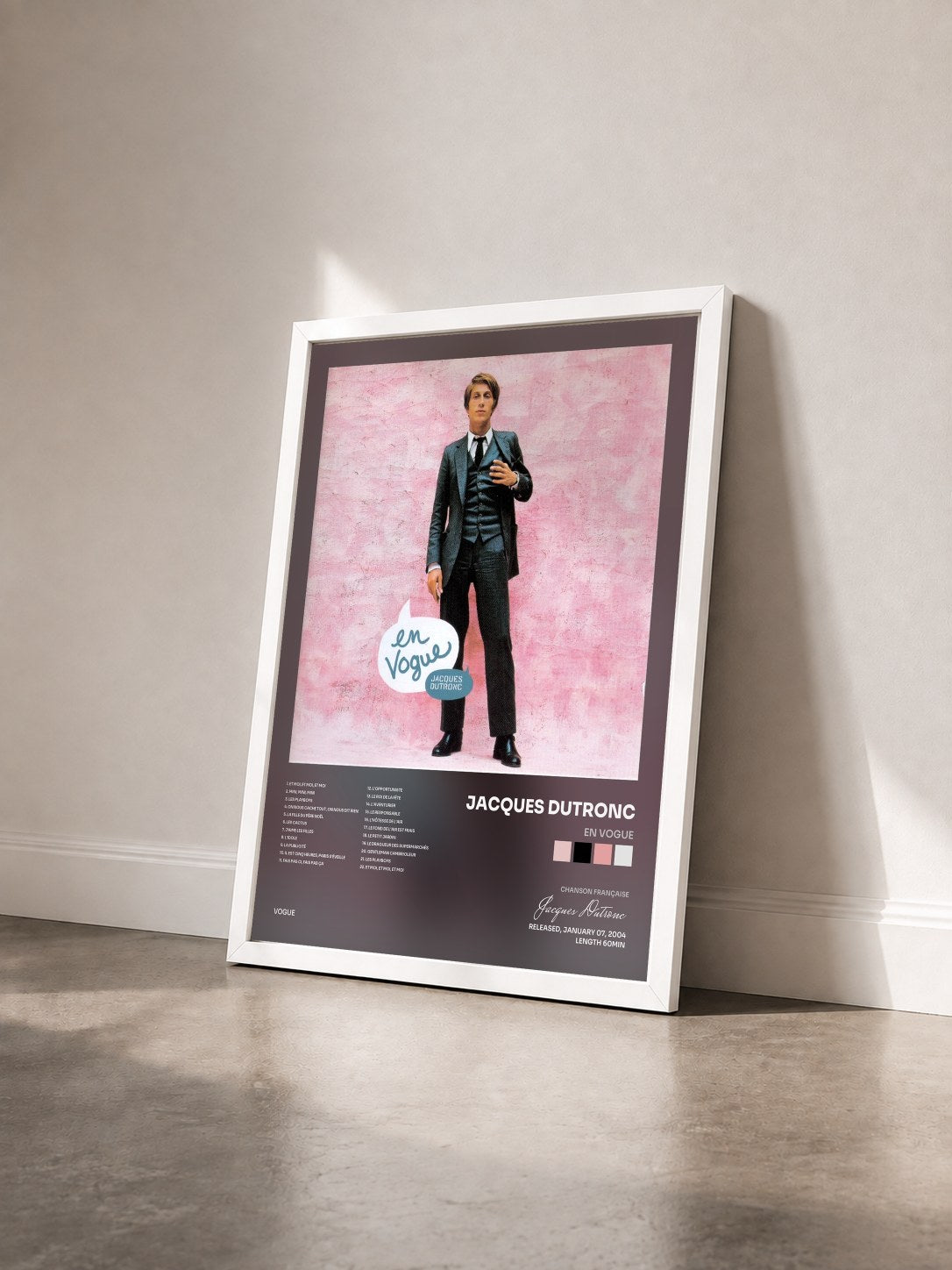 #blanc Tableau de l'album En Vogue de Jacques Dutronc vu de trois quarts, cadre blanc