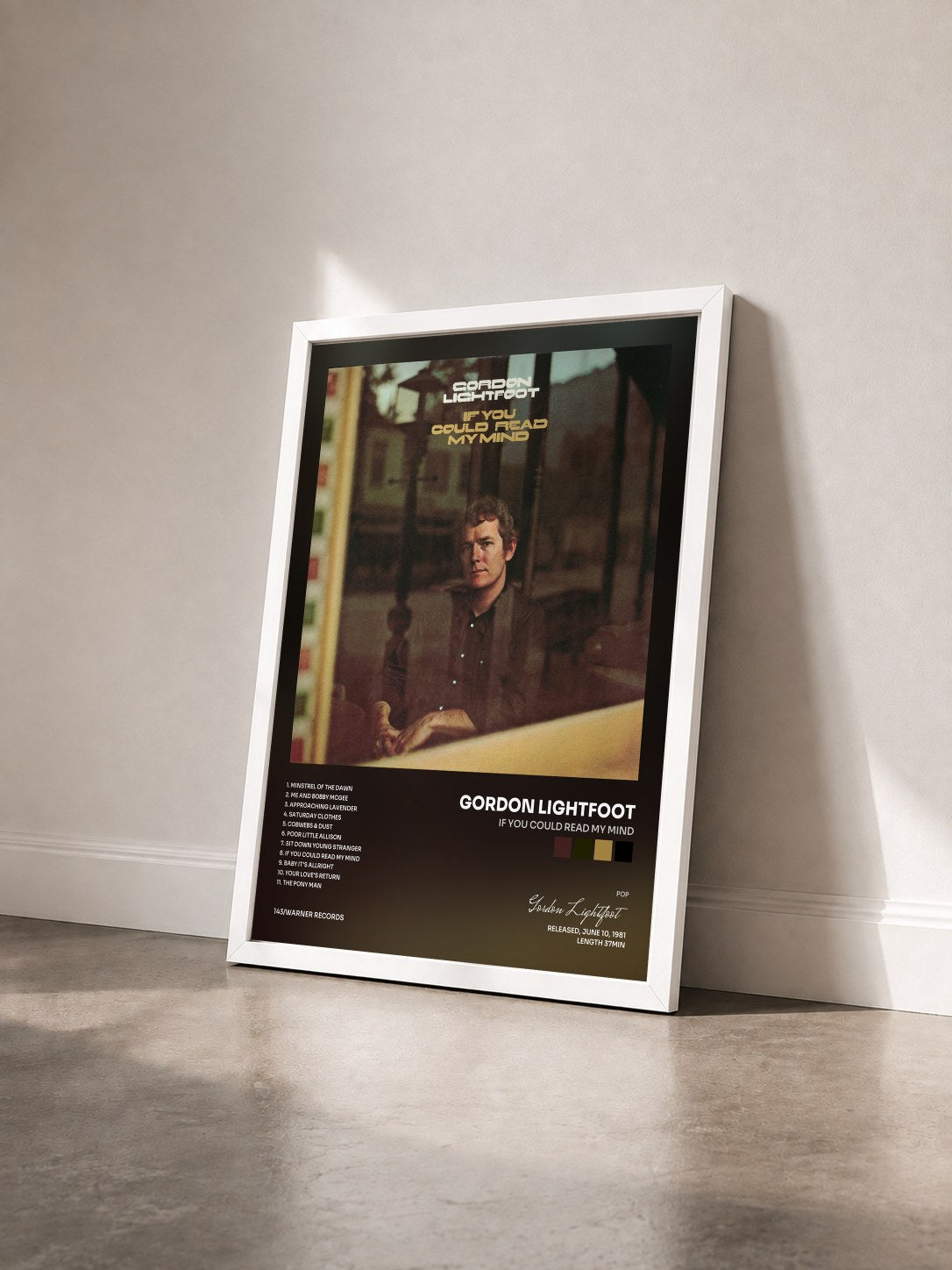 #blanc Tableau de l'album If You Could Read My Mind de Gordon Lightfoot vu de trois quarts, cadre blanc