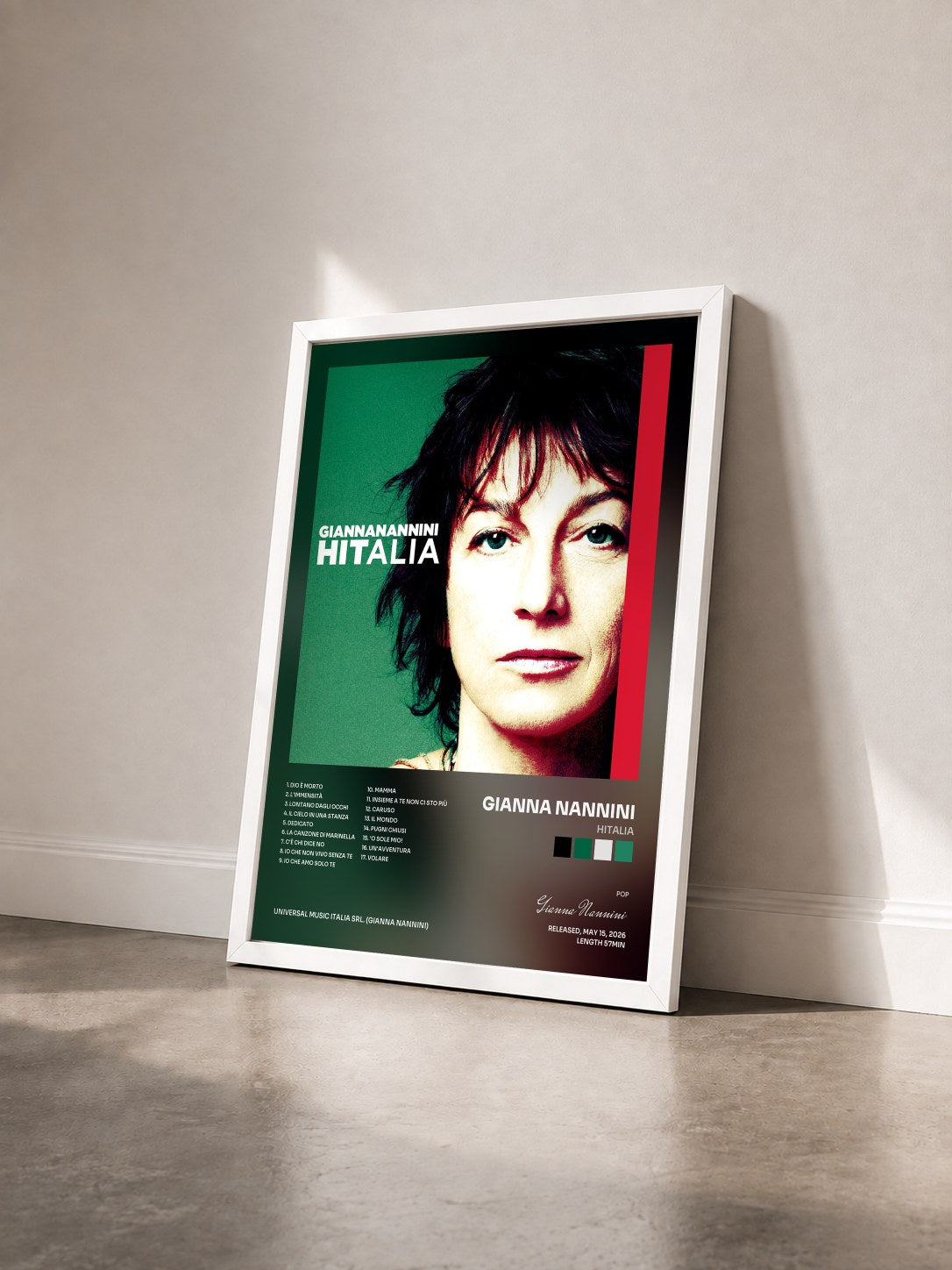 #blanc Tableau de l'album Hitalia de Gianna Nannini vu de trois quarts, cadre blanc