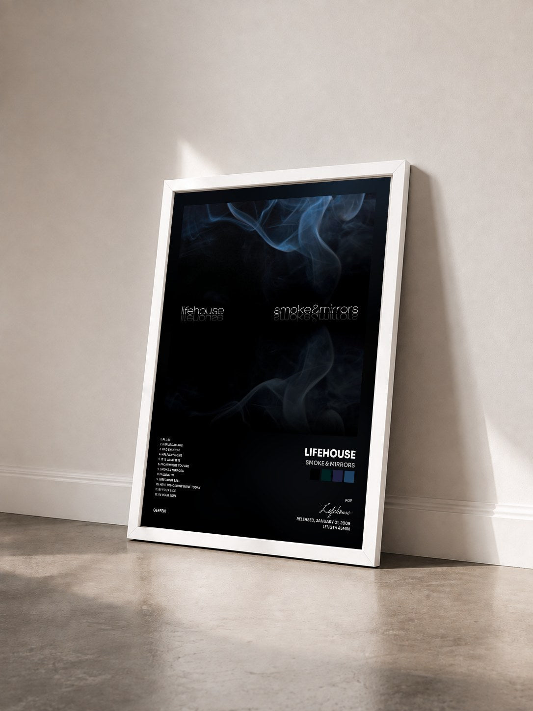 #blanc Tableau de l'album Smoke & Mirrors de Lifehouse vu de trois quarts, cadre blanc