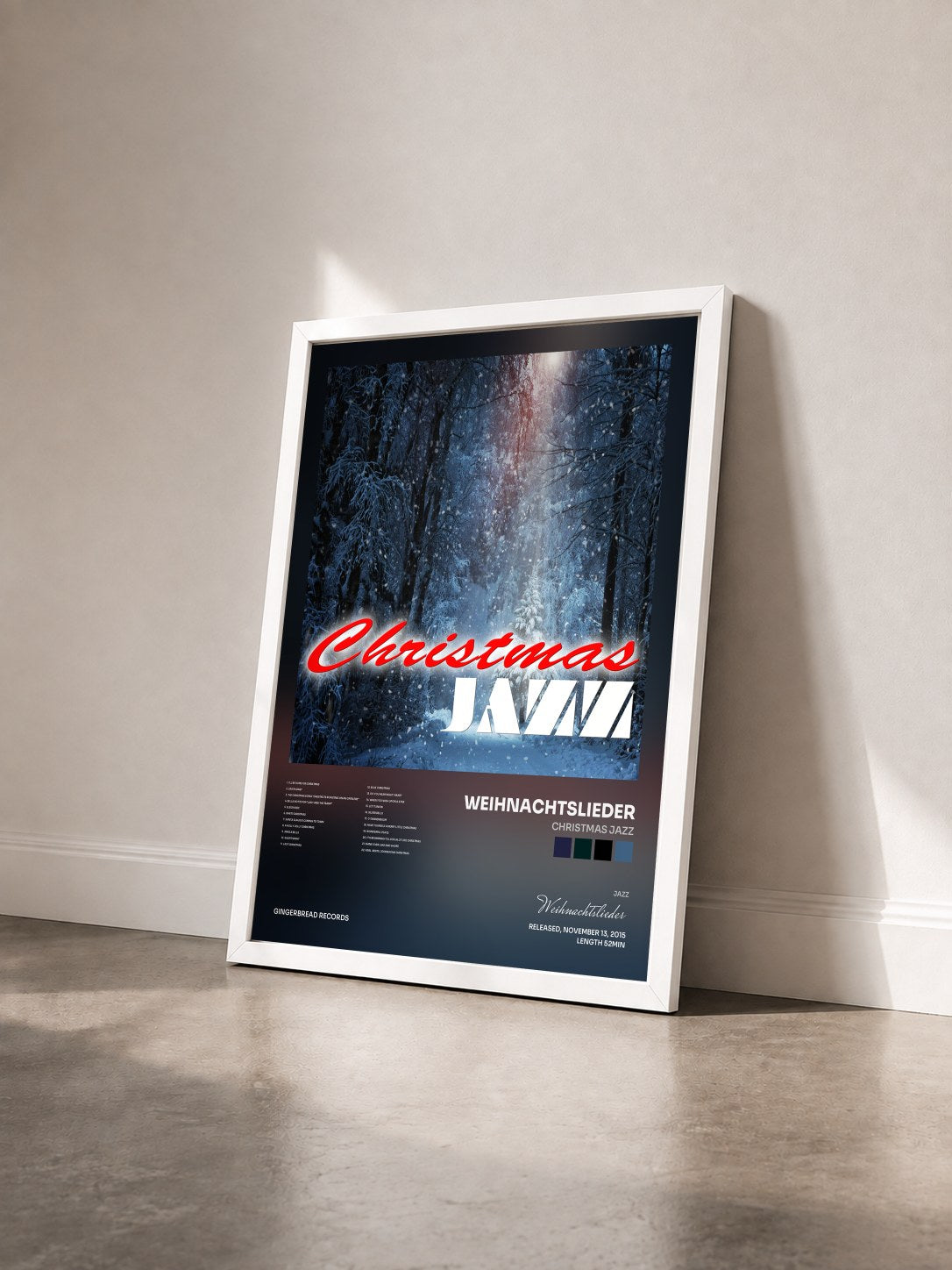 #blanc Tableau de l'album Christmas Jazz de Weihnachtslieder vu de trois quarts, cadre blanc