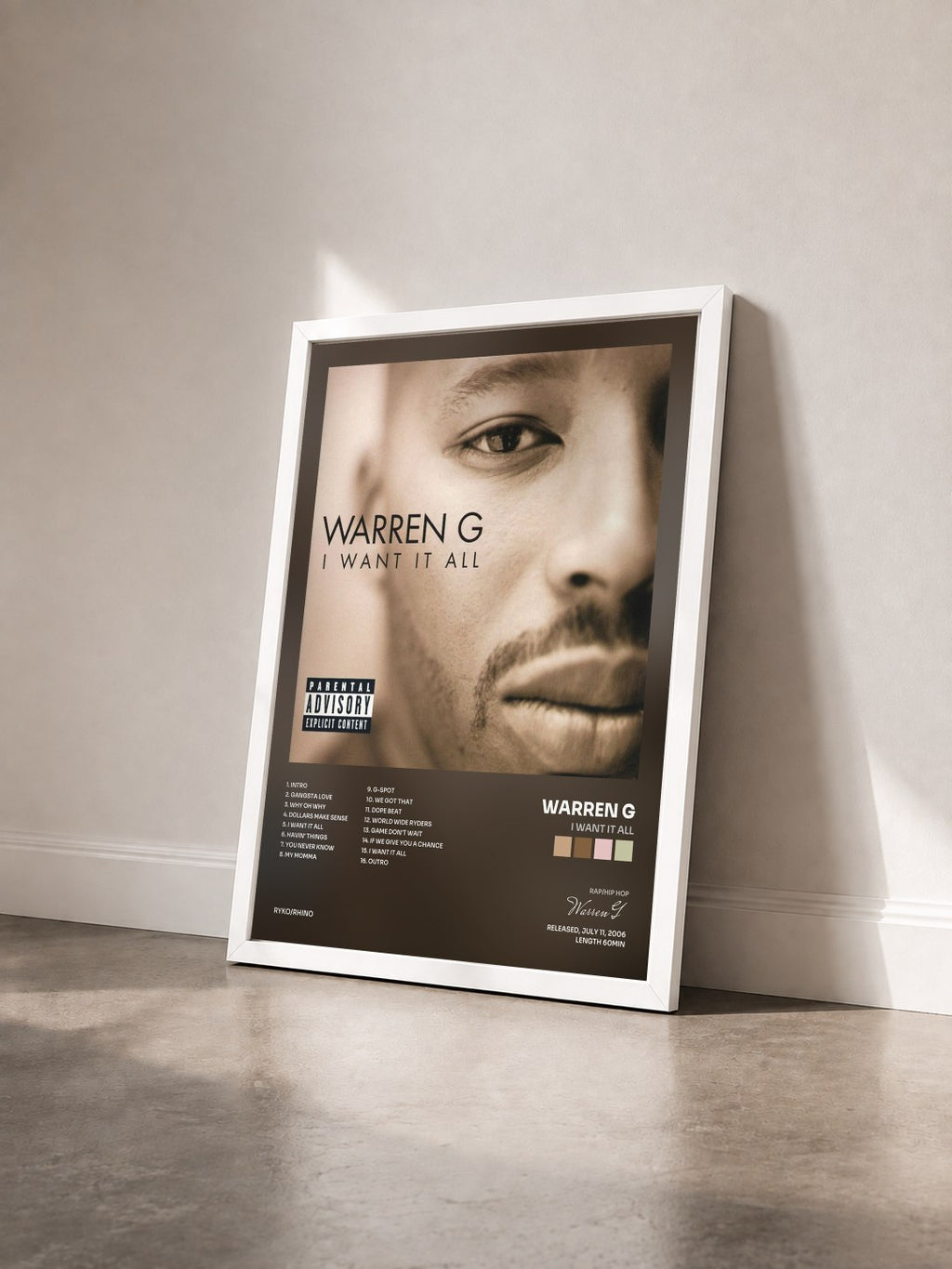 #blanc I Want It All by Warren G as a framed art print seen at an angle, white frame