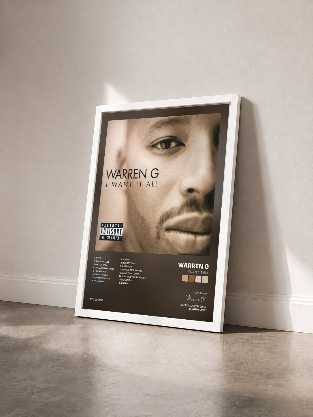 #blanc Tableau de l'album I Want It All de Warren G vu de trois quarts, cadre blanc