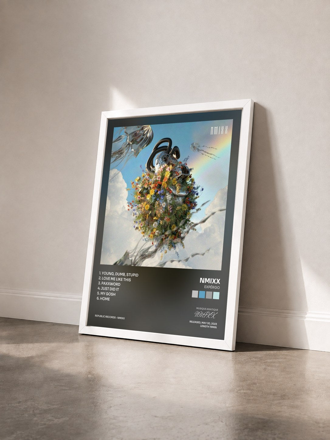 #blanc Tableau de l'album expérgo de NMIXX vu de trois quarts, cadre blanc