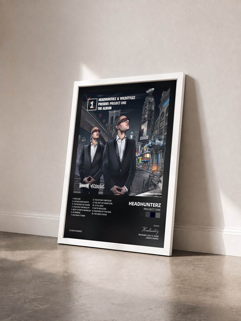 #blanc Project One di Headhunterz in stampa incorniciata vista di tre quarti, cornice bianca