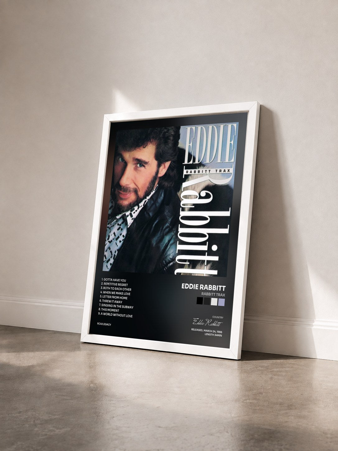 #blanc Tableau de l'album Rabbitt Trax de Eddie Rabbitt vu de trois quarts, cadre blanc