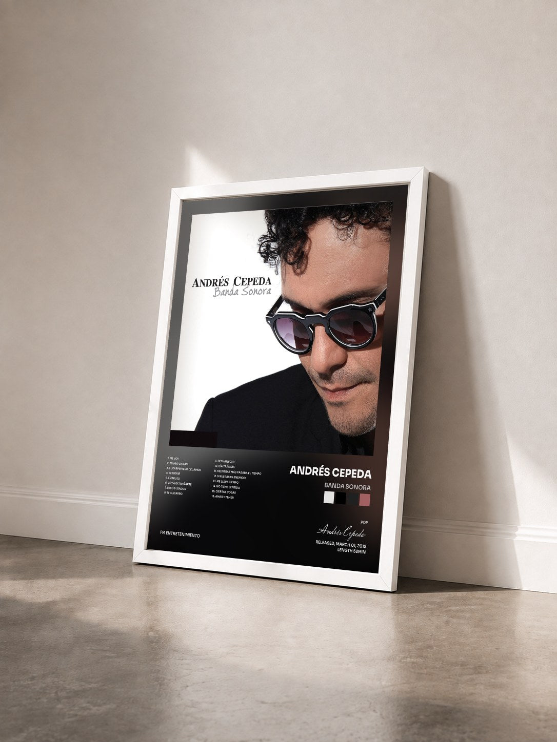 #blanc Tableau de l'album Banda Sonora de Andrés Cepeda vu de trois quarts, cadre blanc