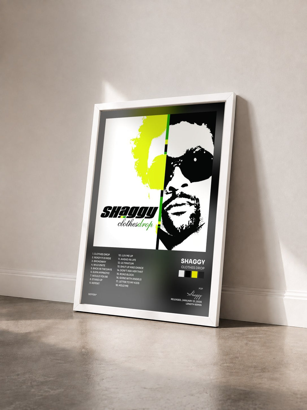 #blanc Tableau de l'album Clothes Drop de Shaggy vu de trois quarts, cadre blanc
