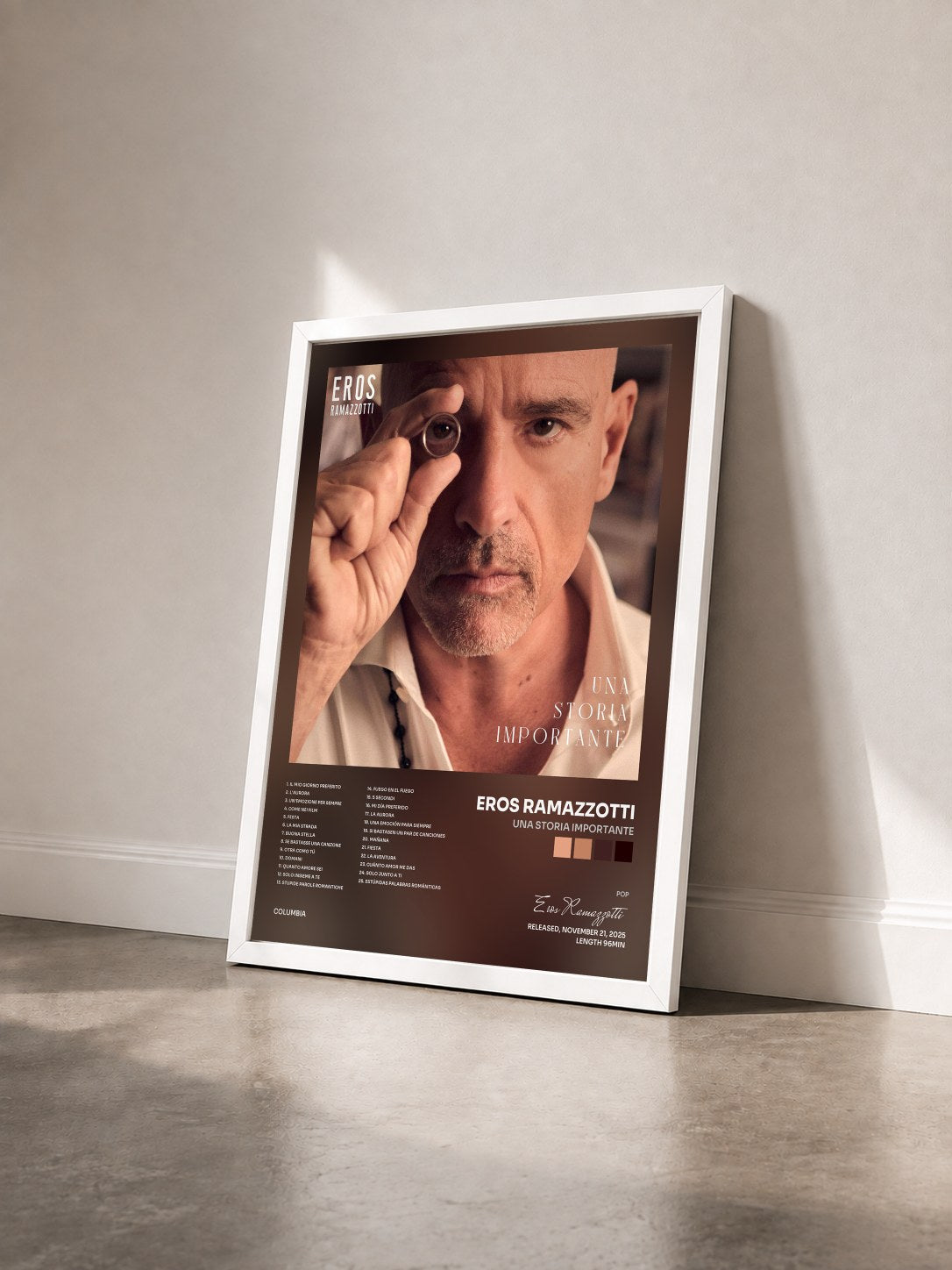 #blanc Tableau de l'album UNA STORIA IMPORTANTE de Eros Ramazzotti vu de trois quarts, cadre blanc
