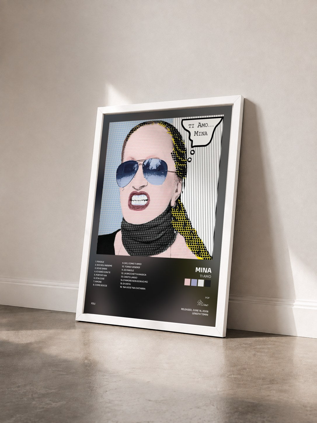 #blanc Tableau de l'album Ti Amo de Mina vu de trois quarts, cadre blanc